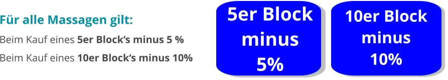 5er Block minus  5% 10er Block minus  10% Für alle Massagen gilt: Beim Kauf eines 5er Block‘s minus 5 % Beim Kauf eines 10er Block‘s minus 10%